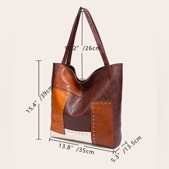 Women's Rivet large capacity Leather Cross Shoulder Handbag - Picture 9 of 10